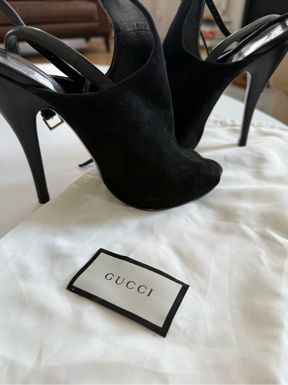 Gucci Black Suede Stiletto Slingback Heels